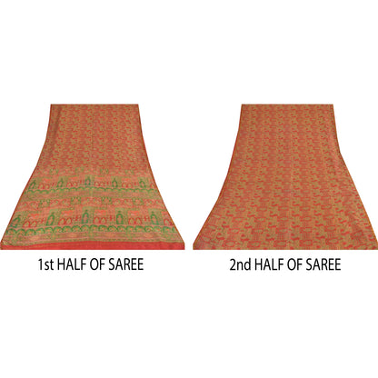 Sanskriti Vintage Sarees Red/Green 100% Pure Silk Printed Sari 6yd Craft Sustainable Fabric