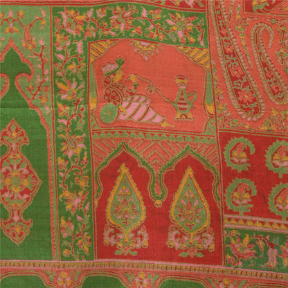 Sanskriti Vintage Sarees Red/Green 100% Pure Silk Printed Sari 6yd Craft Sustainable Fabric