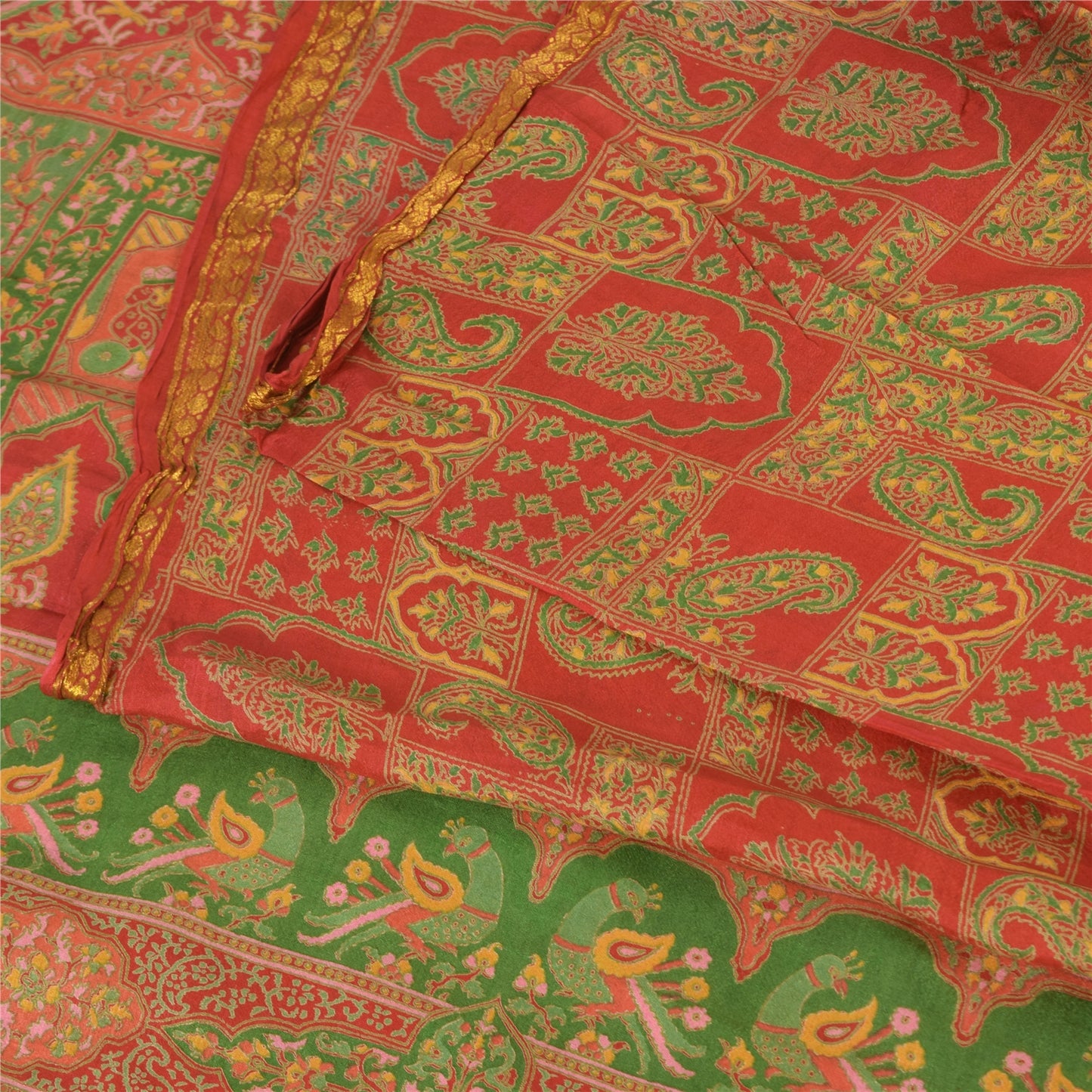 Sanskriti Vintage Sarees Red/Green 100% Pure Silk Printed Sari 6yd Craft Sustainable Fabric