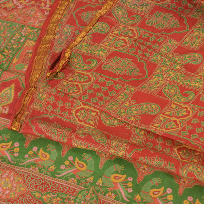 Sanskriti Vintage Sarees Red/Green 100% Pure Silk Printed Sari 6yd Craft Sustainable Fabric