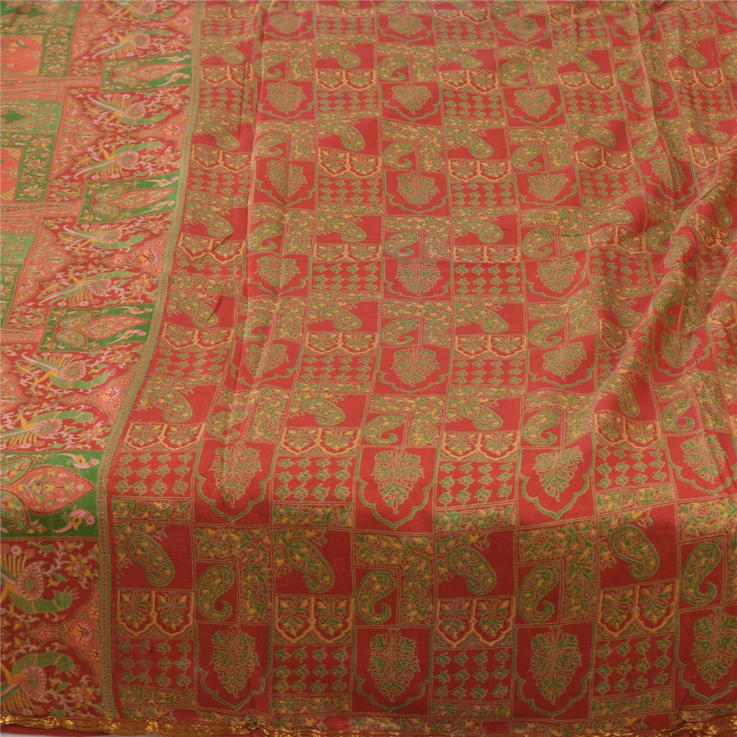 Sanskriti Vintage Sarees Red/Green 100% Pure Silk Printed Sari 6yd Craft Sustainable Fabric