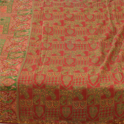 Sanskriti Vintage Sarees Red/Green 100% Pure Silk Printed Sari 6yd Craft Sustainable Fabric