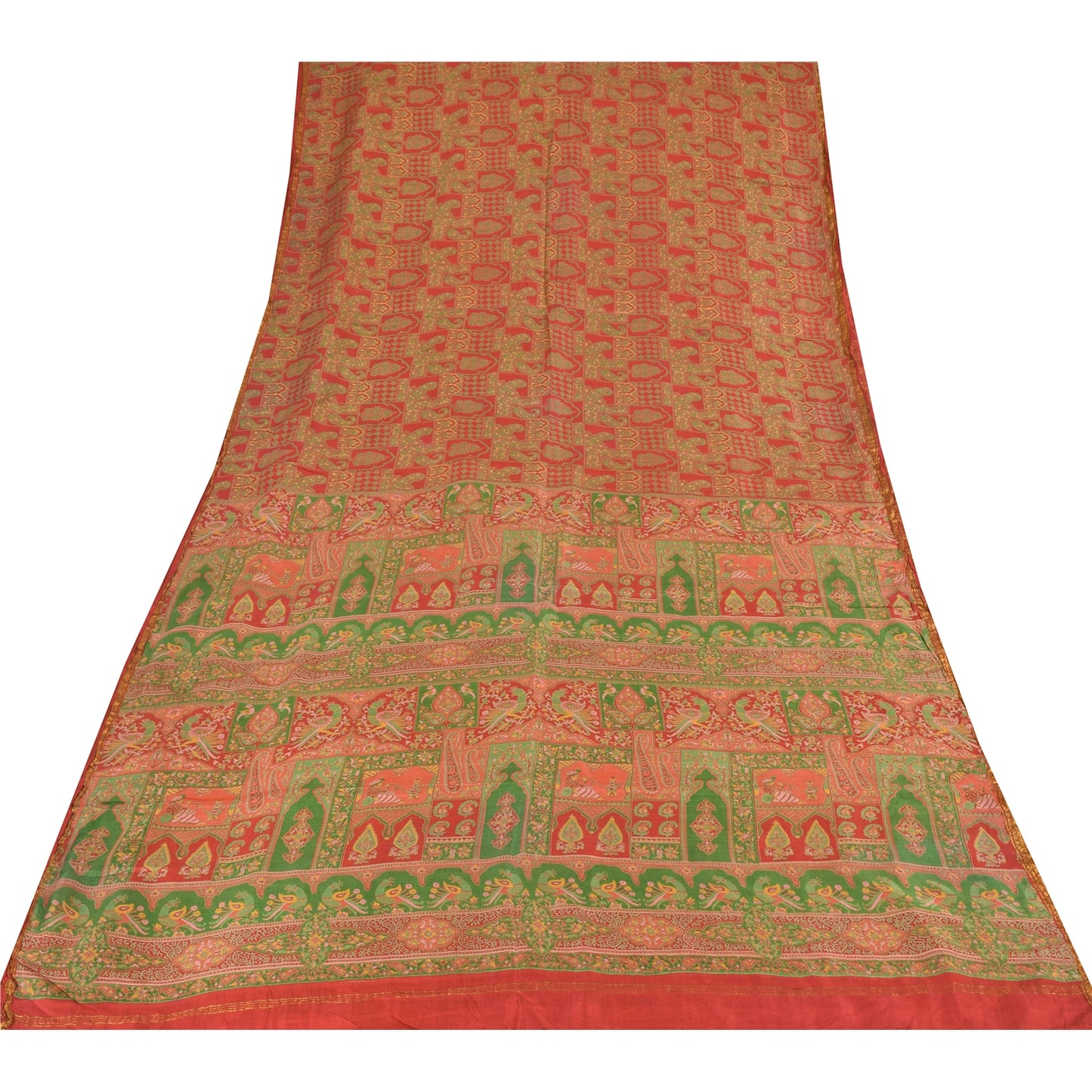 Sanskriti Vintage Sarees Red/Green 100% Pure Silk Printed Sari 6yd Craft Sustainable Fabric
