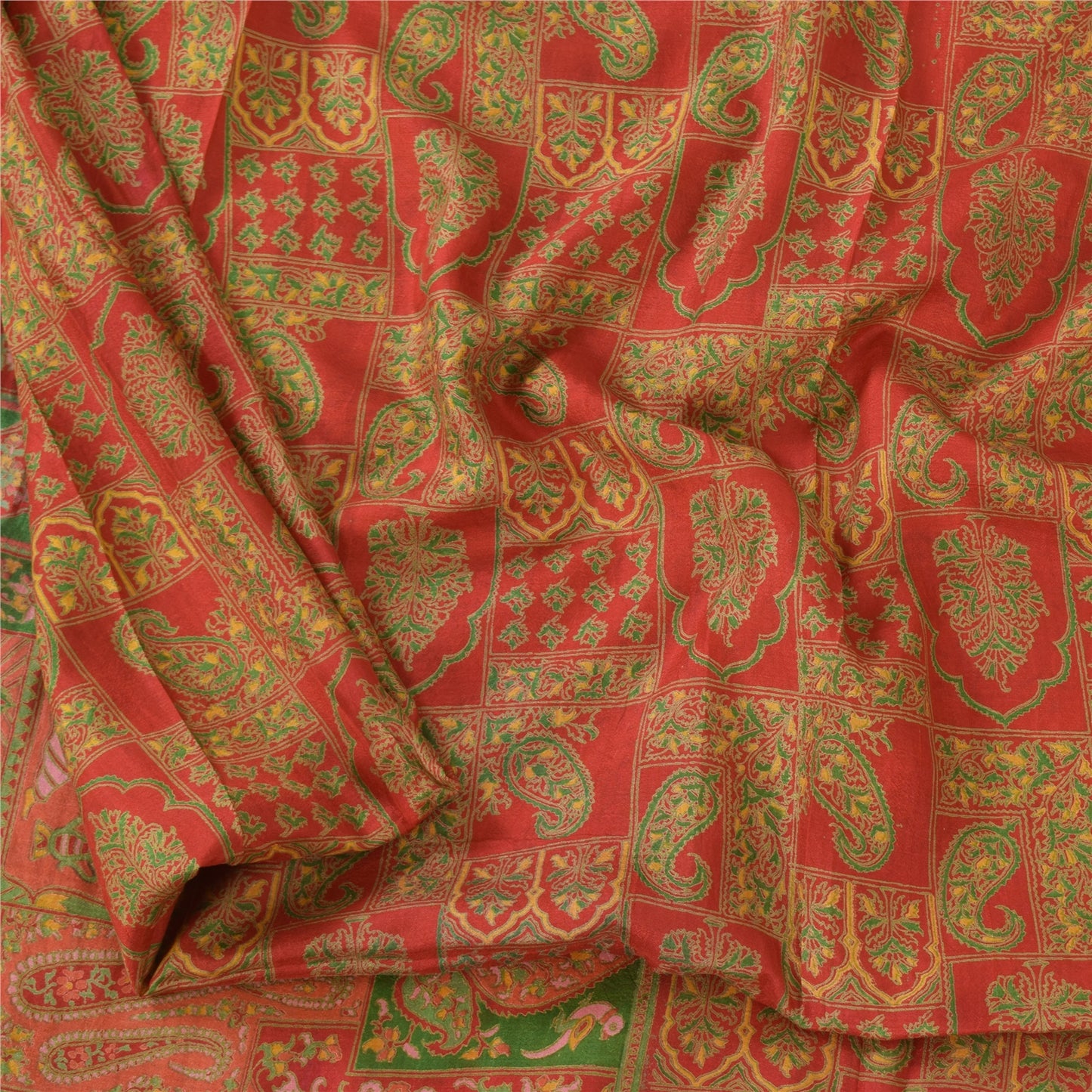 Sanskriti Vintage Sarees Red/Green 100% Pure Silk Printed Sari 6yd Craft Sustainable Fabric