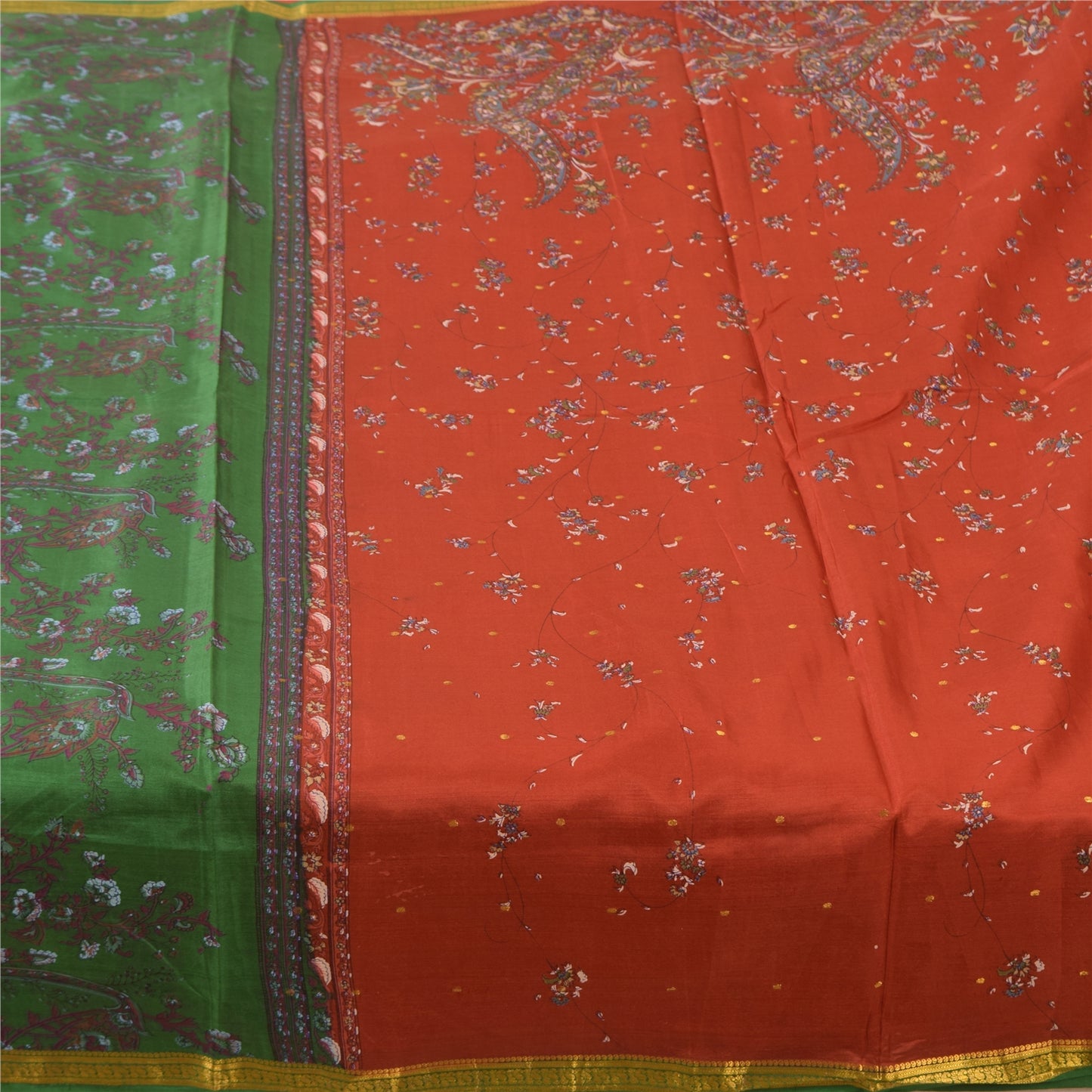 Sanskriti Vintage Sarees Red Zari Border Pure Silk Printed Sari 5yd Craft Sustainable Fabric