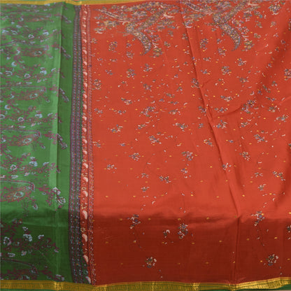 Sanskriti Vintage Sarees Red Zari Border Pure Silk Printed Sari 5yd Craft Sustainable Fabric
