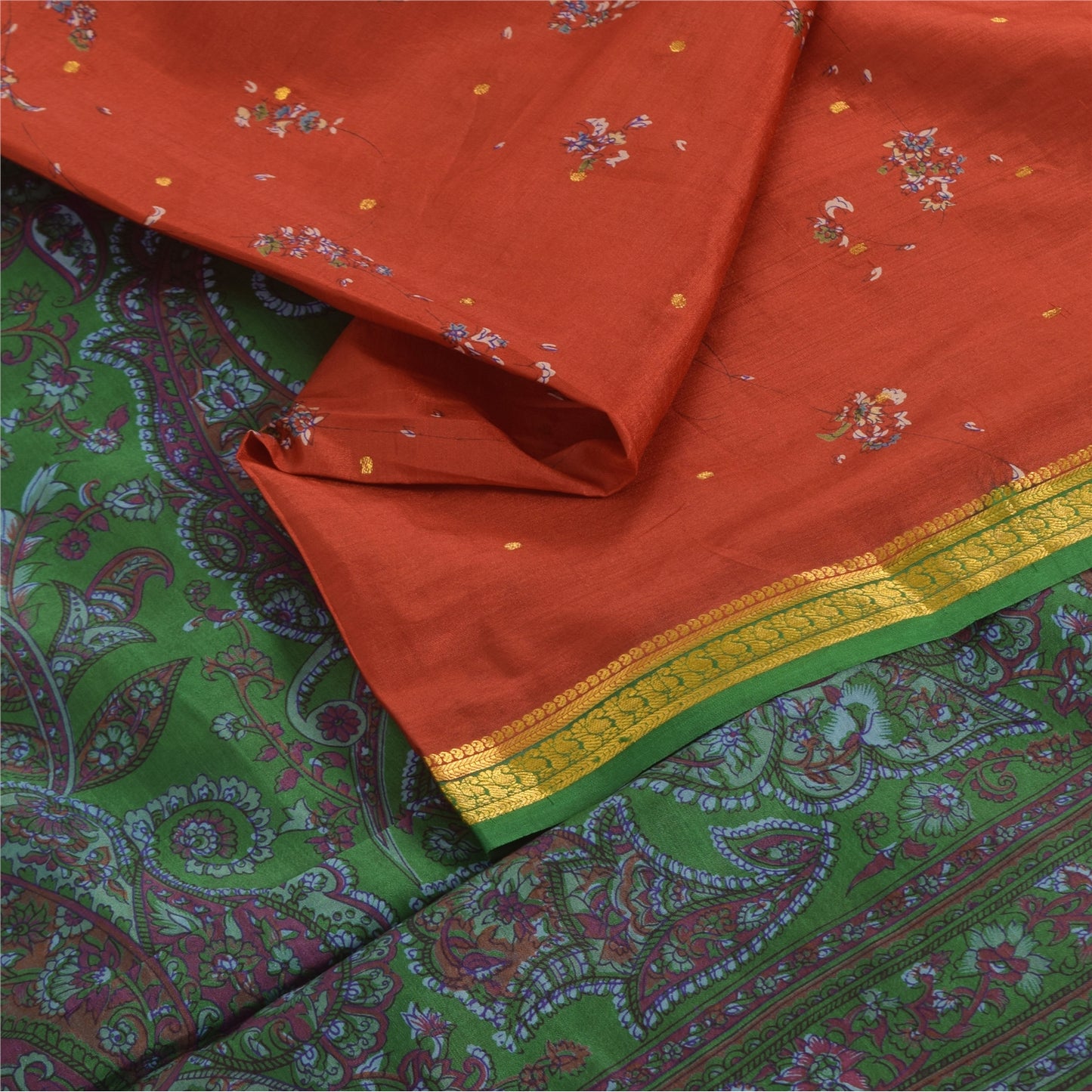 Sanskriti Vintage Sarees Red Zari Border Pure Silk Printed Sari 5yd Craft Sustainable Fabric