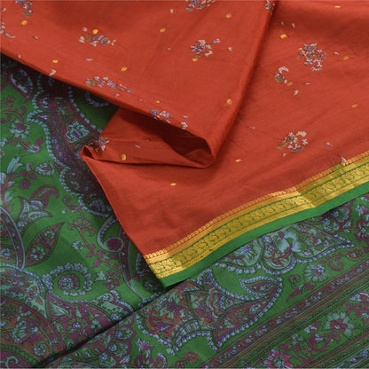 Sanskriti Vintage Sarees Red Zari Border Pure Silk Printed Sari 5yd Craft Sustainable Fabric