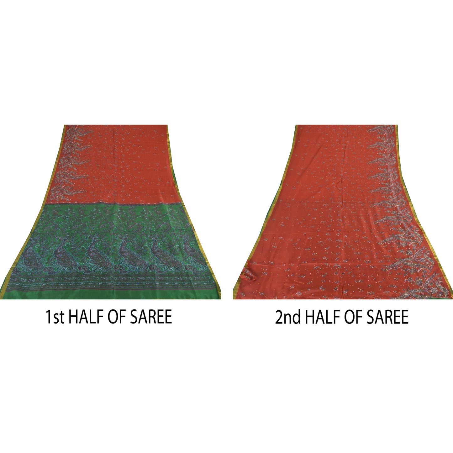 Sanskriti Vintage Sarees Red Zari Border Pure Silk Printed Sari 5yd Craft Sustainable Fabric