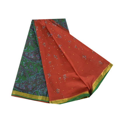 Sanskriti Vintage Sarees Red Zari Border Pure Silk Printed Sari 5yd Craft Sustainable Fabric