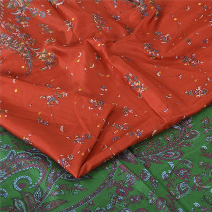 Sanskriti Vintage Sarees Red Zari Border Pure Silk Printed Sari 5yd Craft Sustainable Fabric