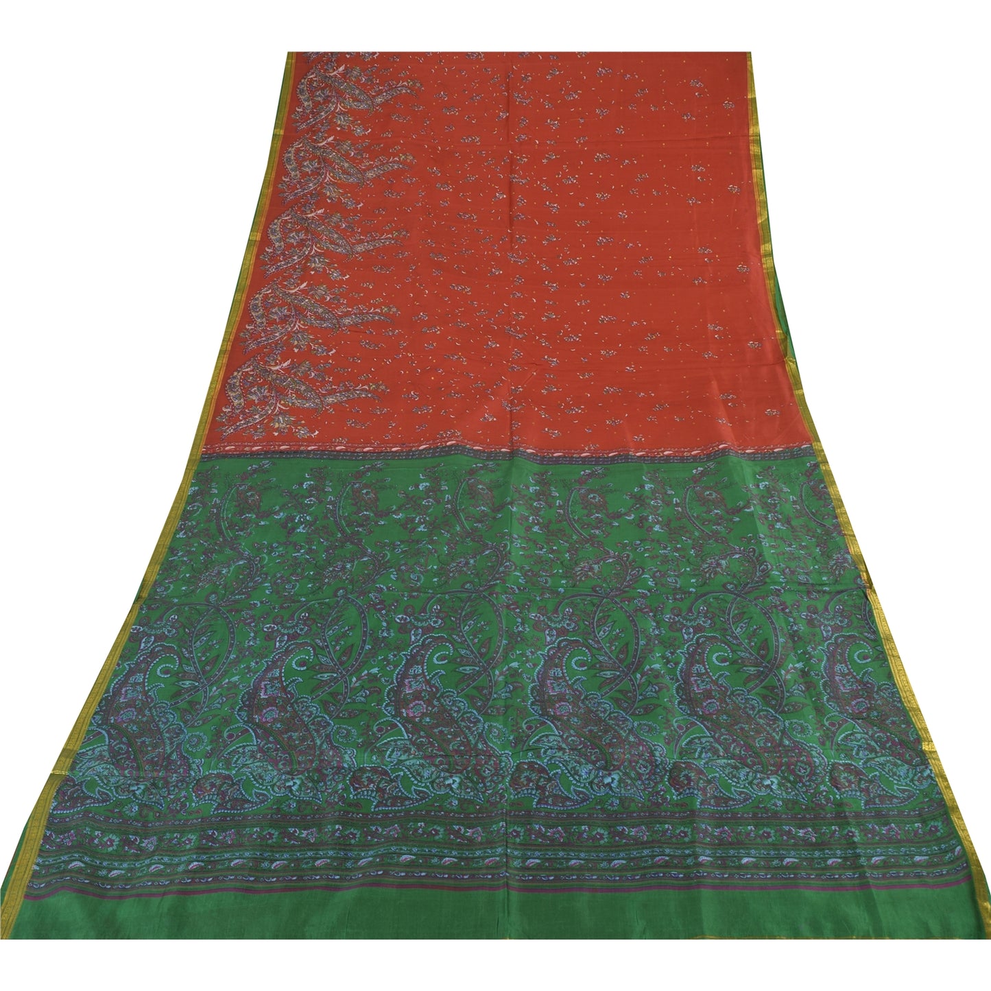 Sanskriti Vintage Sarees Red Zari Border Pure Silk Printed Sari 5yd Craft Sustainable Fabric