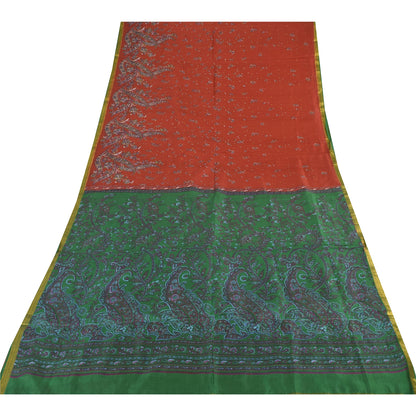 Sanskriti Vintage Sarees Red Zari Border Pure Silk Printed Sari 5yd Craft Sustainable Fabric