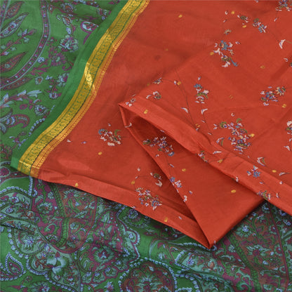 Sanskriti Vintage Sarees Red Zari Border Pure Silk Printed Sari 5yd Craft Sustainable Fabric