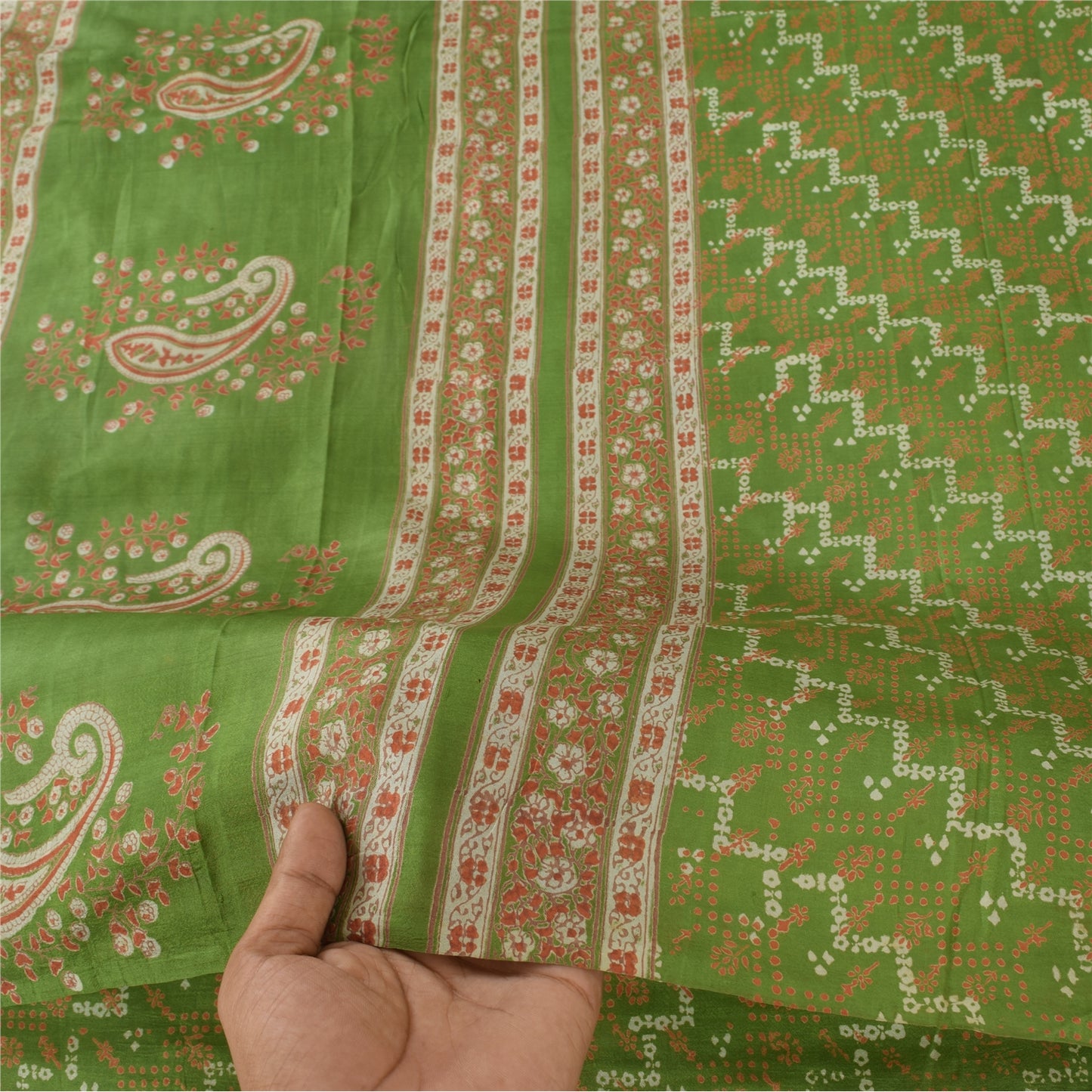 Sanskriti Vintage Sarees Green Indian Pure Silk Printed Sari 6yd Craft Sustainable Fabric