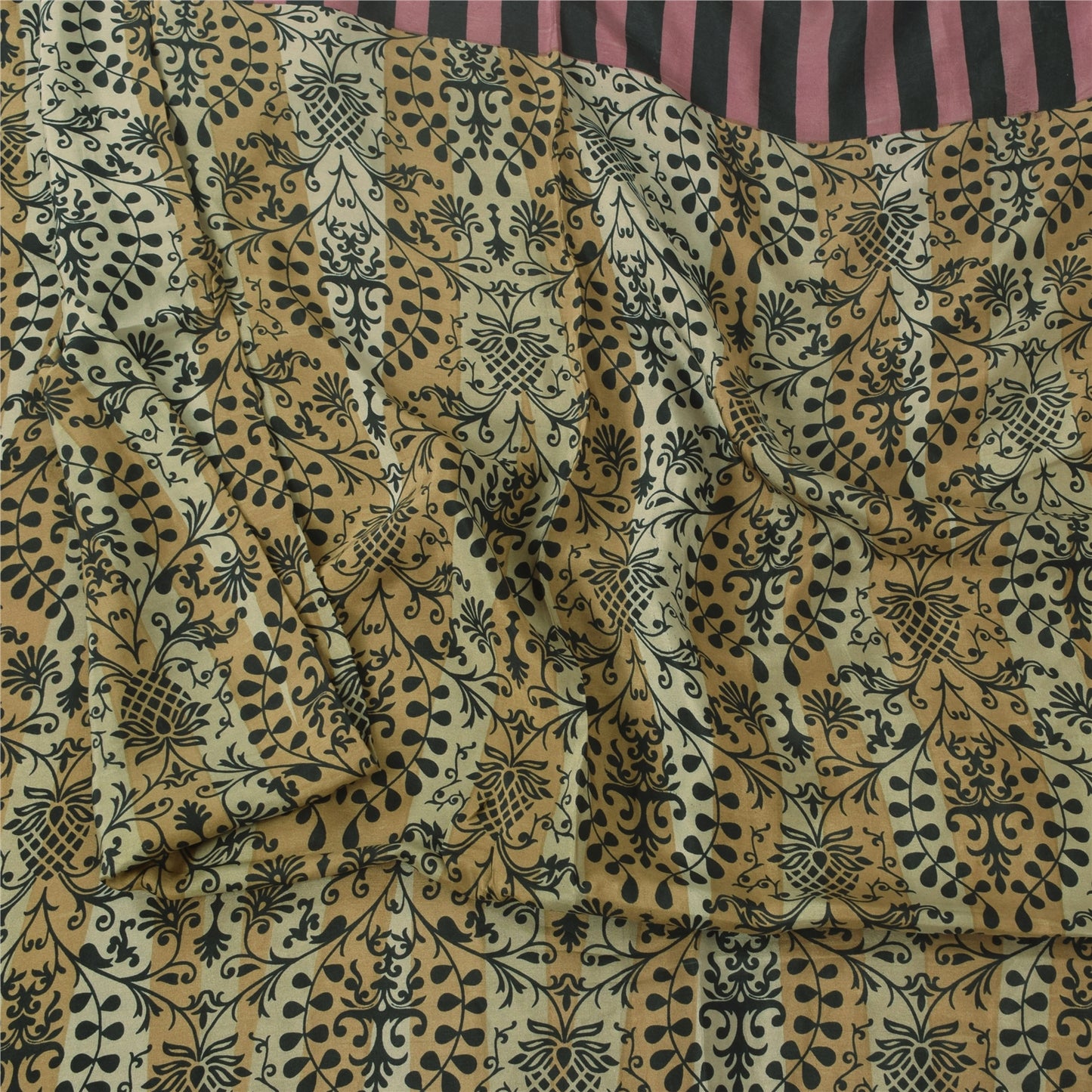 Sanskriti Vintage Sarees Cream Pure Silk Floral Printed Sari 5+yd Craft Fabric