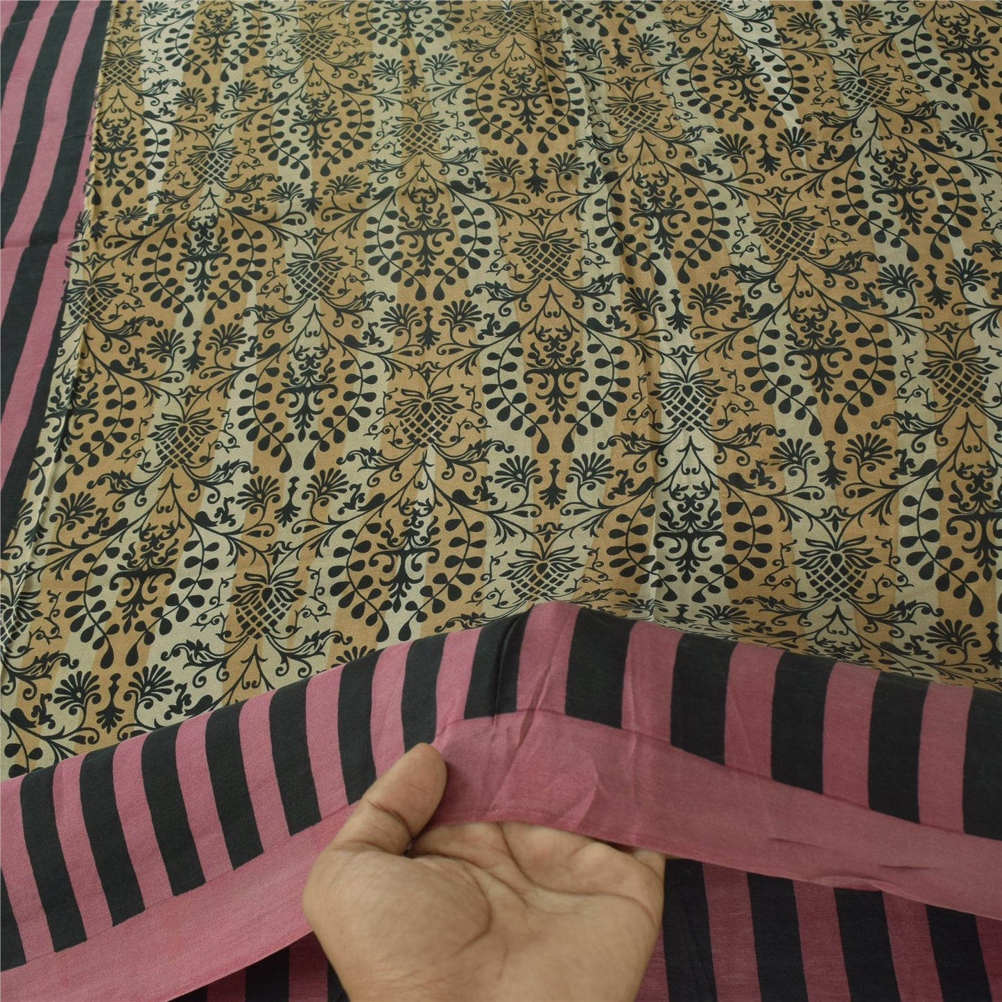 Sanskriti Vintage Sarees Cream Pure Silk Floral Printed Sari 5+yd Craft Fabric
