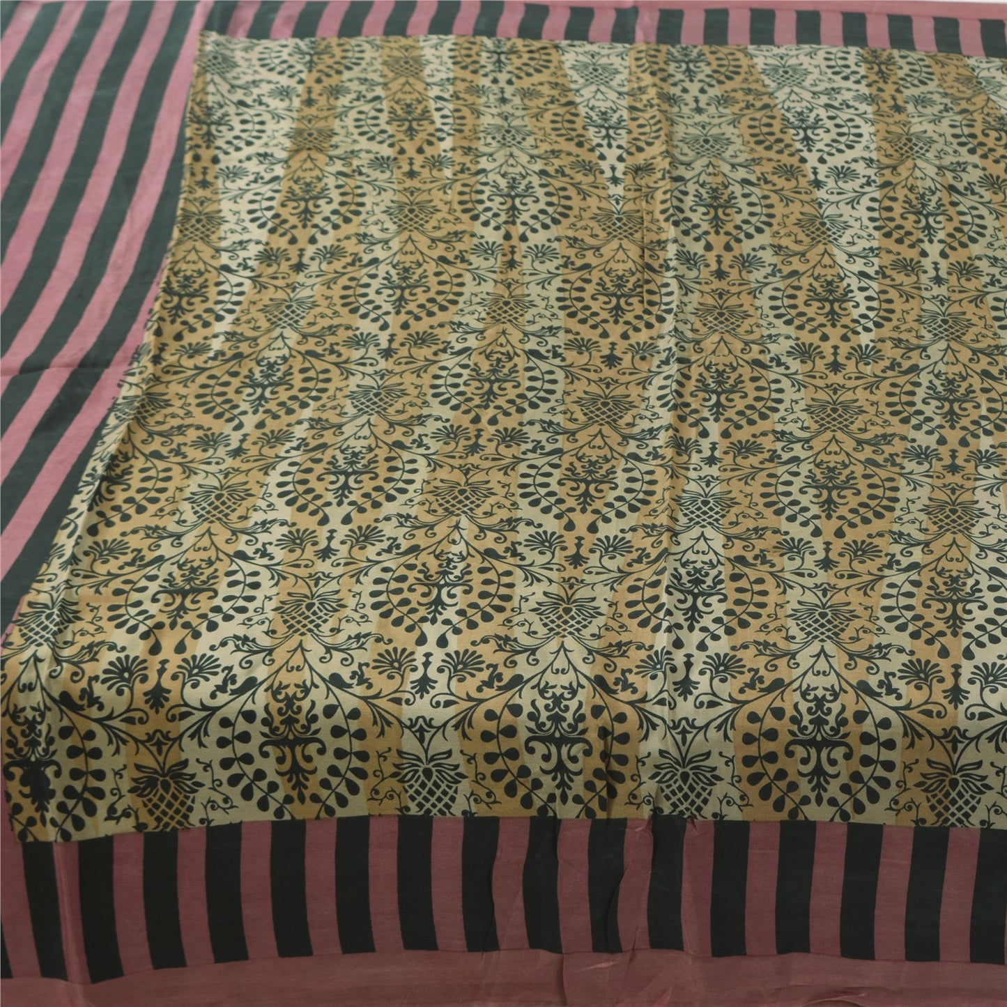 Sanskriti Vintage Sarees Cream Pure Silk Floral Printed Sari 5+yd Craft Fabric
