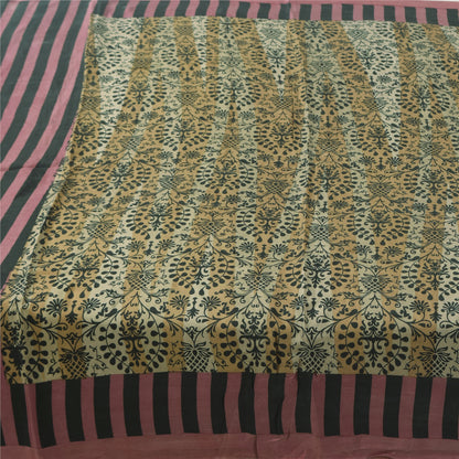Sanskriti Vintage Sarees Cream Pure Silk Floral Printed Sari 5+yd Craft Fabric