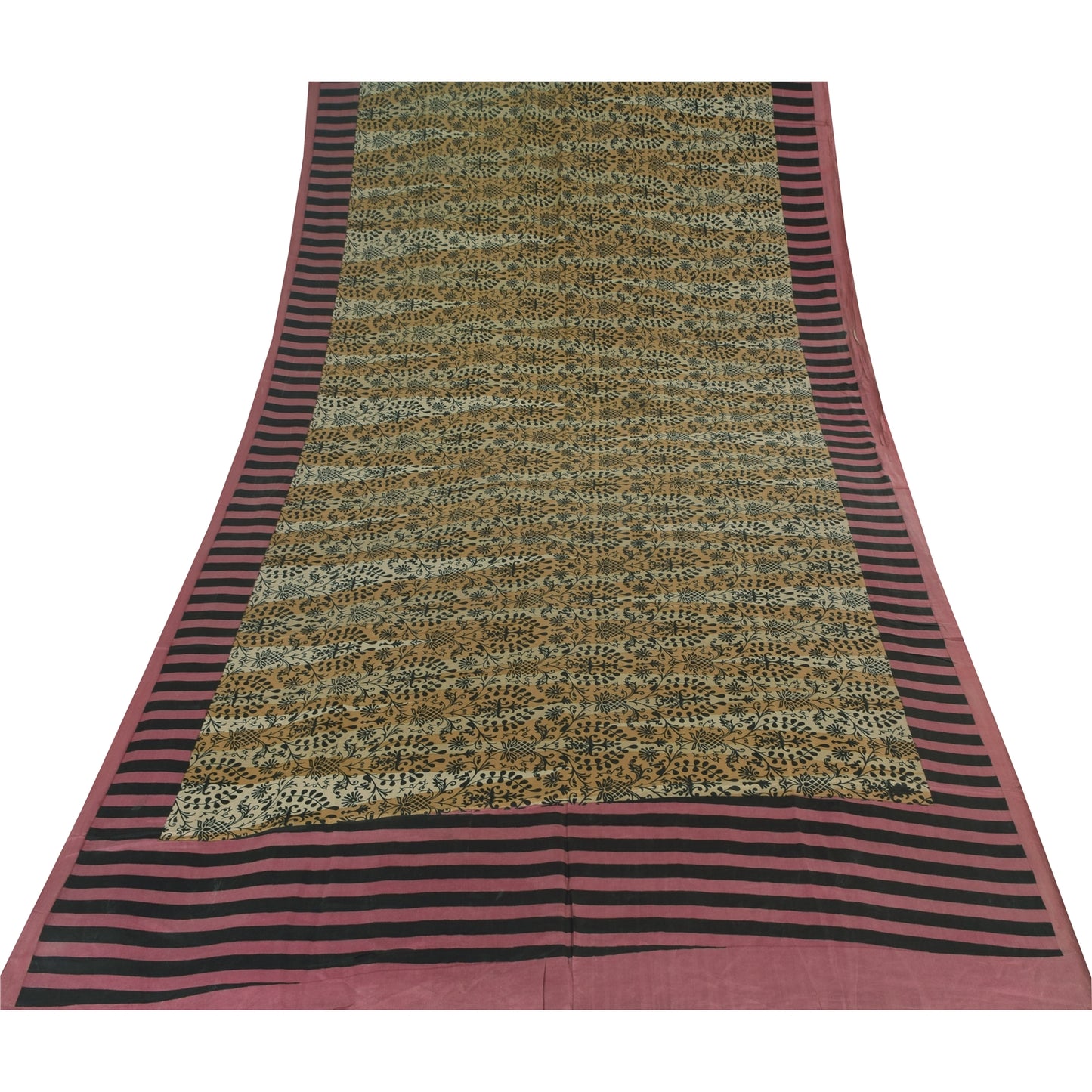 Sanskriti Vintage Sarees Cream Pure Silk Floral Printed Sari 5+yd Craft Fabric