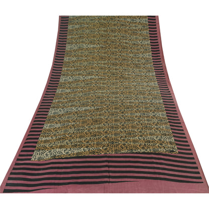 Sanskriti Vintage Sarees Cream Pure Silk Floral Printed Sari 5+yd Craft Fabric