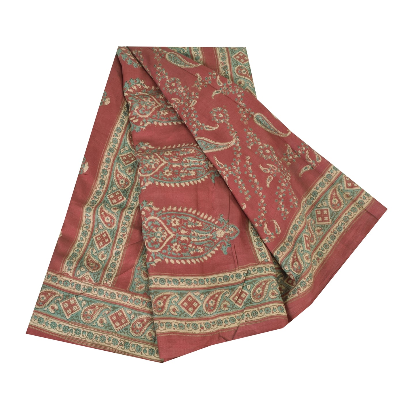 Sanskriti Vintage Sarees Red Pure Silk Paisley Printed Sari 5+yd Craft Fabric