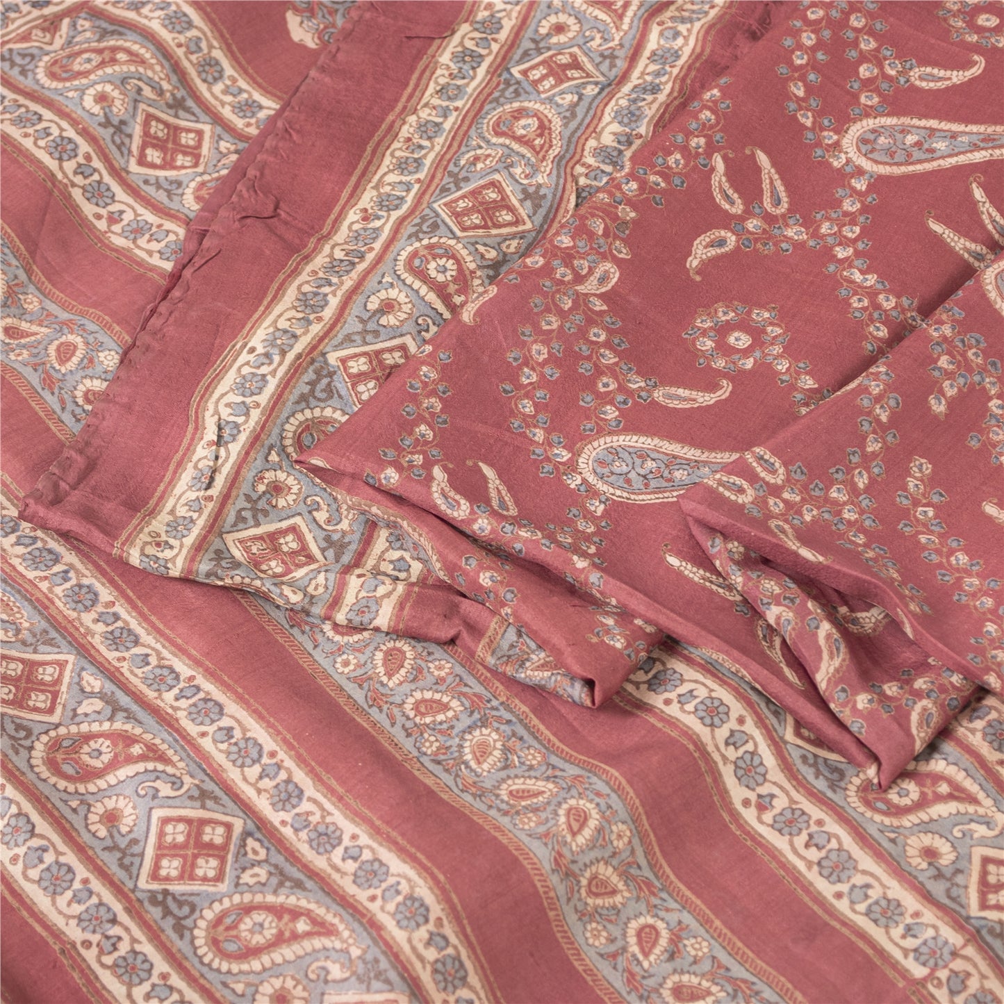 Sanskriti Vintage Sarees Red Pure Silk Paisley Printed Sari 5+yd Craft Fabric