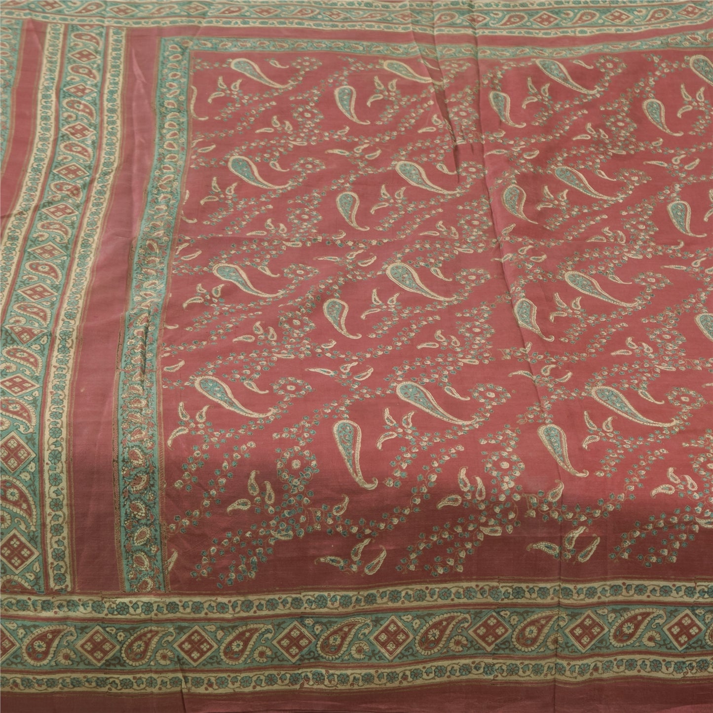 Sanskriti Vintage Sarees Red Pure Silk Paisley Printed Sari 5+yd Craft Fabric