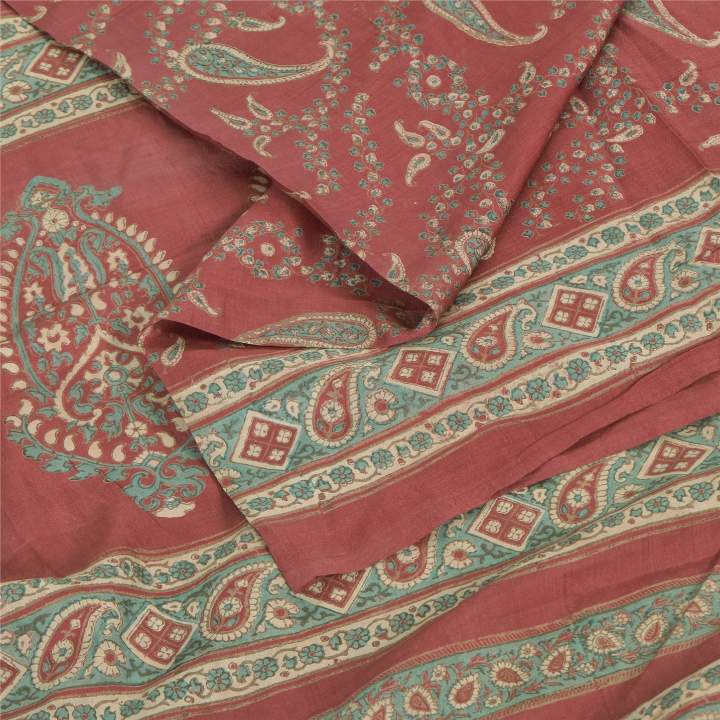 Sanskriti Vintage Sarees Red Pure Silk Paisley Printed Sari 5+yd Craft Fabric