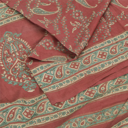Sanskriti Vintage Sarees Red Pure Silk Paisley Printed Sari 5+yd Craft Fabric