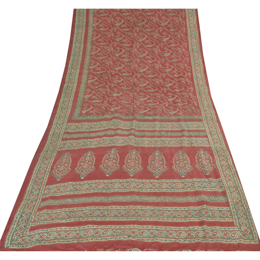 Sanskriti Vintage Sarees Red Pure Silk Paisley Printed Sari 5+yd Craft Fabric