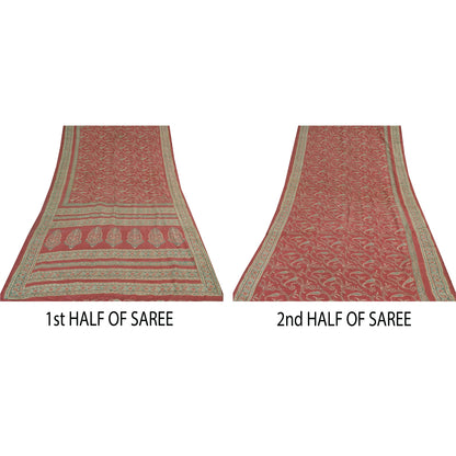 Sanskriti Vintage Sarees Red Pure Silk Paisley Printed Sari 5+yd Craft Fabric