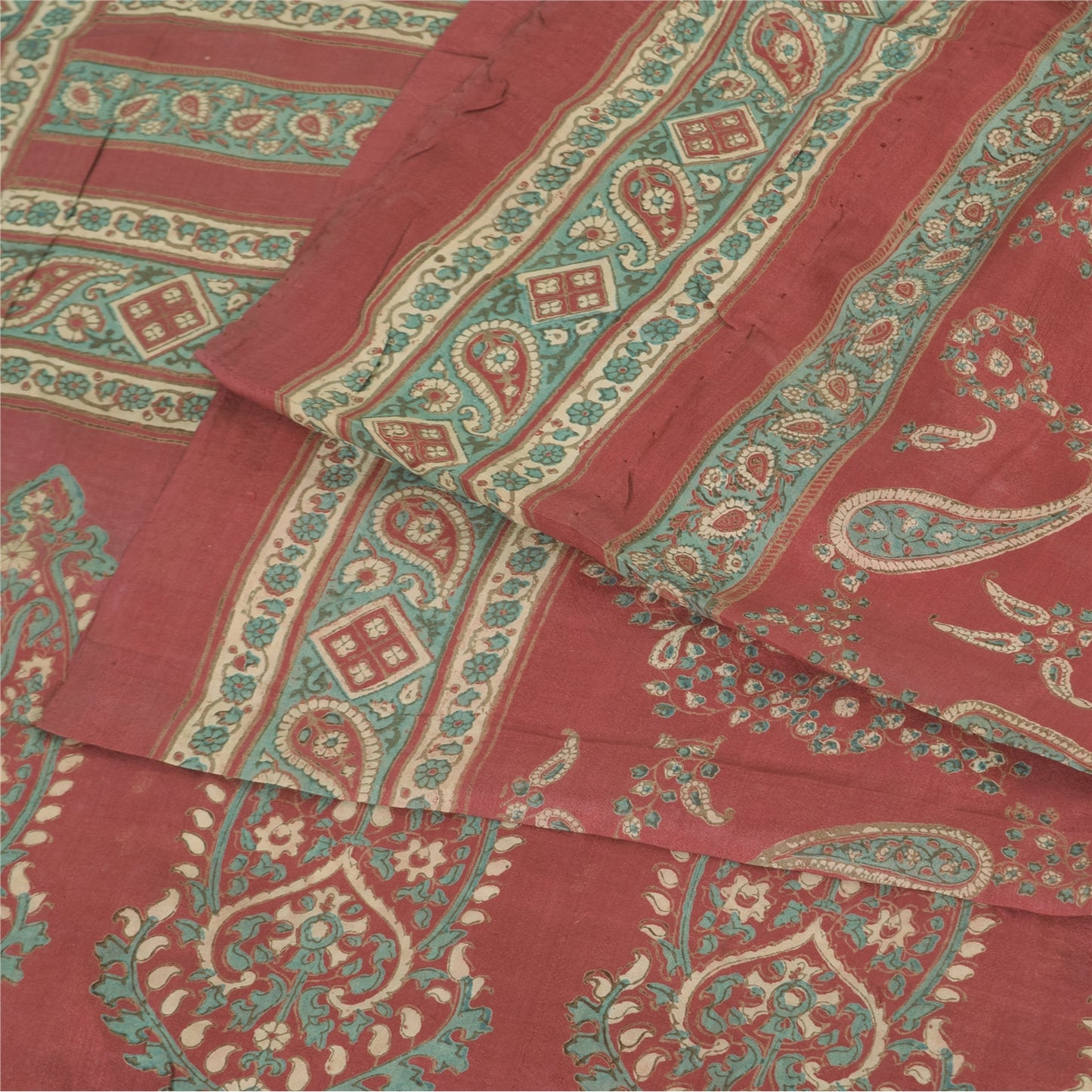Sanskriti Vintage Sarees Red Pure Silk Paisley Printed Sari 5+yd Craft Fabric
