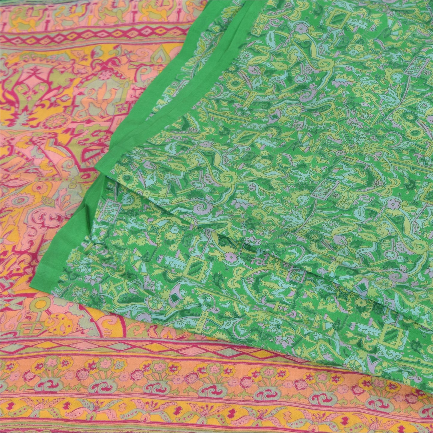 Sanskriti Vintage Sarees Green Indian Pure Silk Printed Sari 6yd Craft Sustainable Fabric