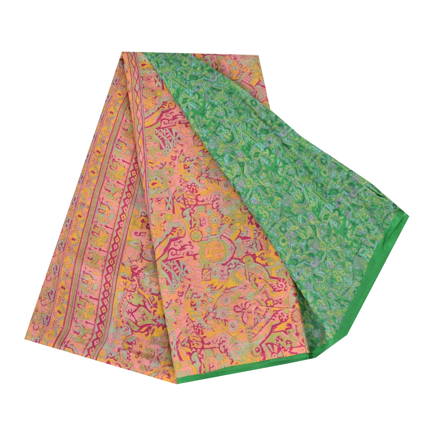 Sanskriti Vintage Sarees Green Indian Pure Silk Printed Sari 6yd Craft Sustainable Fabric