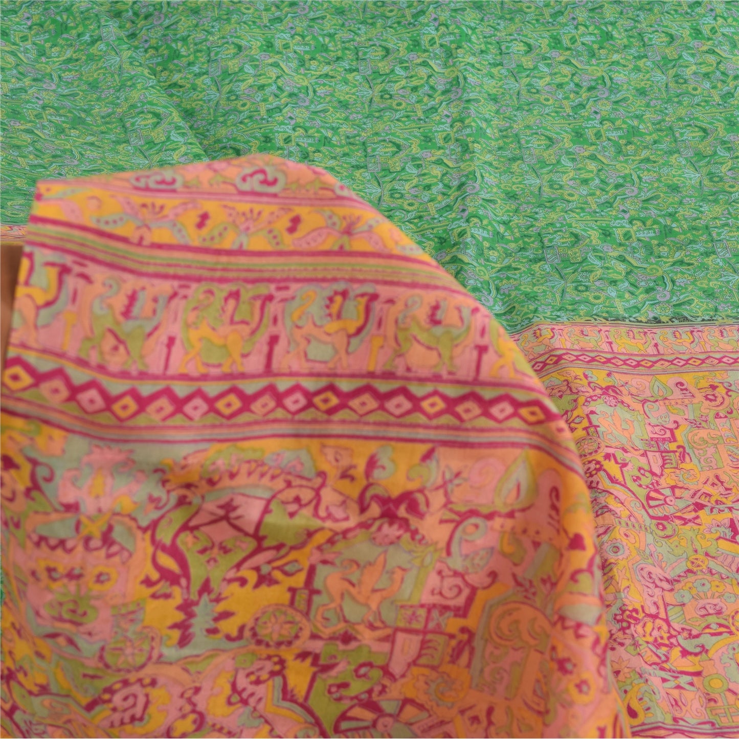 Sanskriti Vintage Sarees Green Indian Pure Silk Printed Sari 6yd Craft Sustainable Fabric