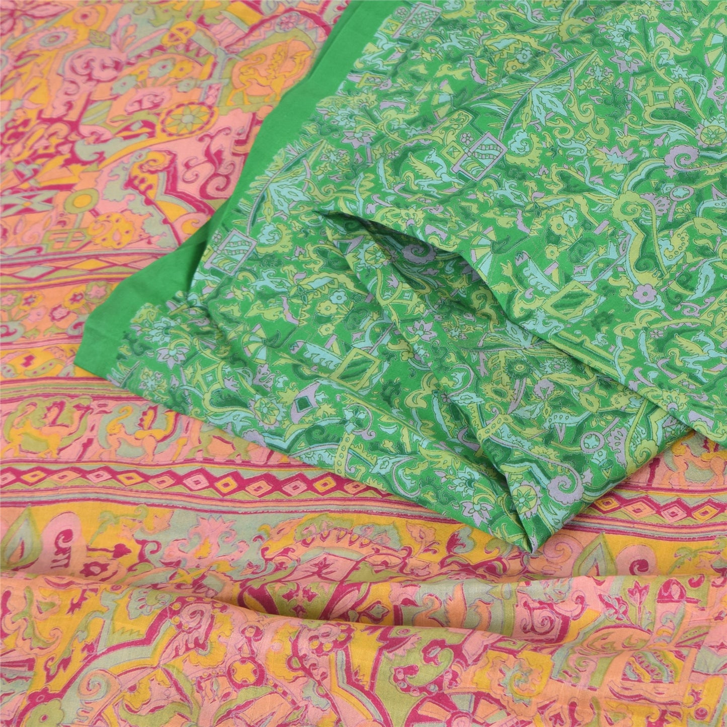 Sanskriti Vintage Sarees Green Indian Pure Silk Printed Sari 6yd Craft Sustainable Fabric