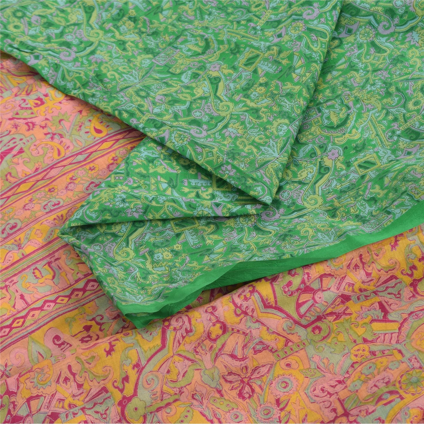 Sanskriti Vintage Sarees Green Indian Pure Silk Printed Sari 6yd Craft Sustainable Fabric