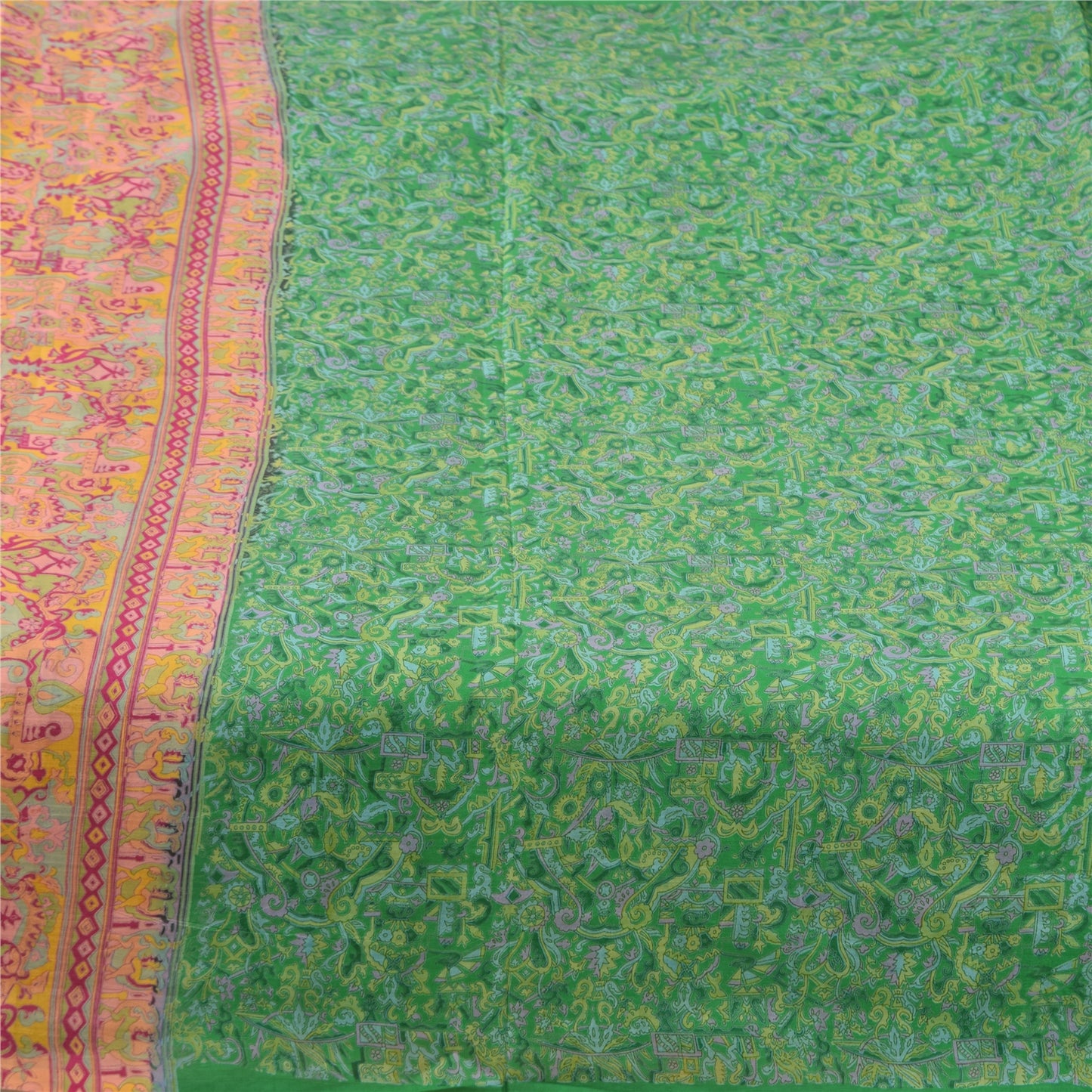 Sanskriti Vintage Sarees Green Indian Pure Silk Printed Sari 6yd Craft Sustainable Fabric