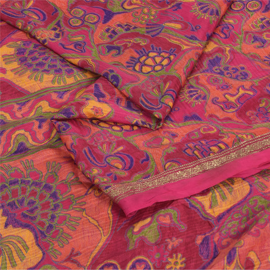Sanskriti Vintage Pink Pure Silk Saree|Sari 5 YD Floral Print Decor Craft Fabric