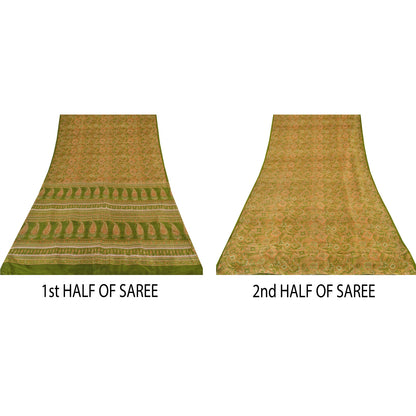 Sanskriti Vintage Sarees Green Indian Pure Silk Printed Sari 6yd Craft Sustainable Fabric