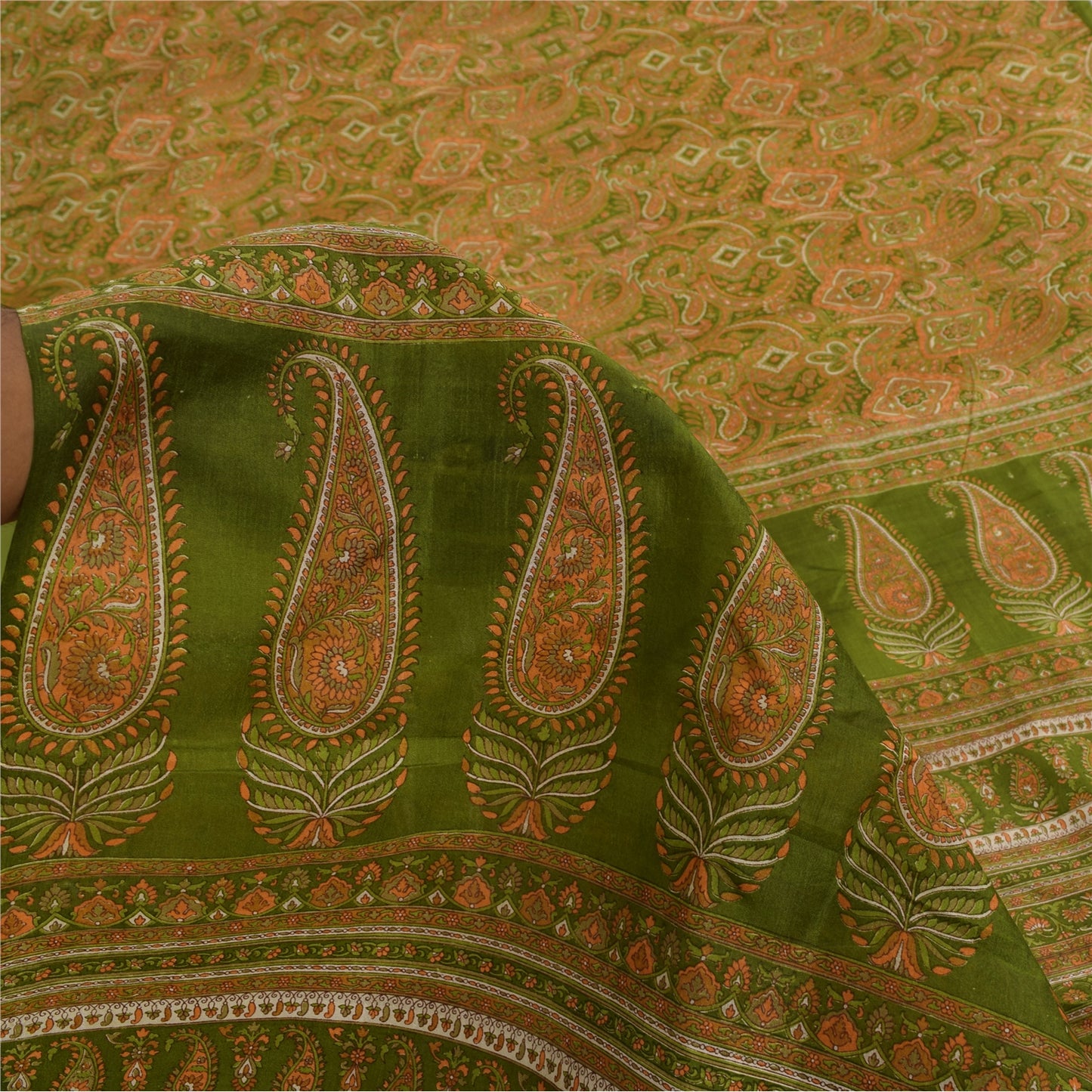Sanskriti Vintage Sarees Green Indian Pure Silk Printed Sari 6yd Craft Sustainable Fabric