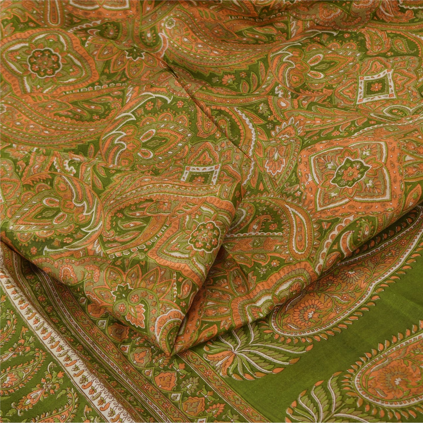 Sanskriti Vintage Sarees Green Indian Pure Silk Printed Sari 6yd Craft Sustainable Fabric