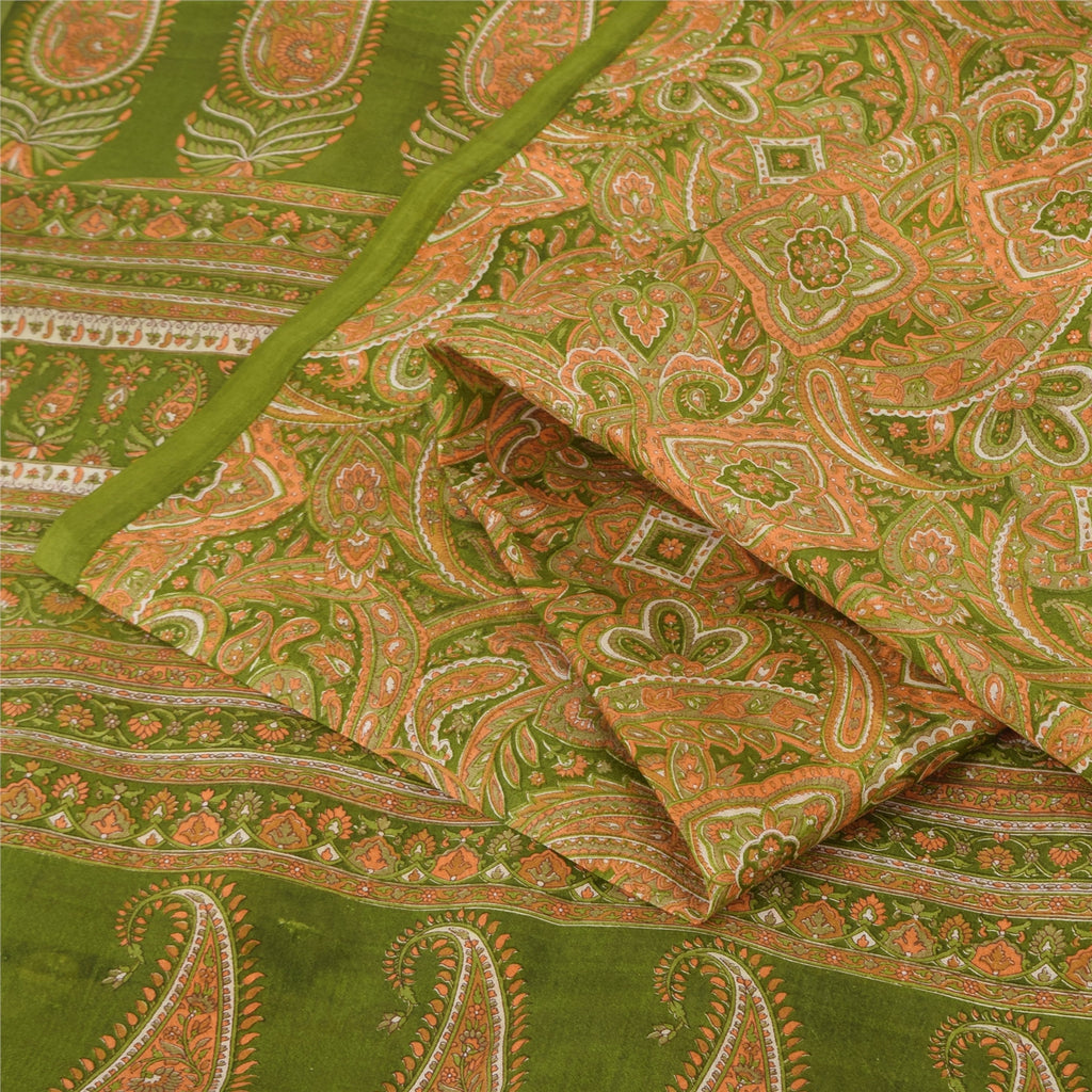 Sanskriti Vintage Sarees Green Indian Pure Silk Printed Sari 6yd Craft Sustainable Fabric