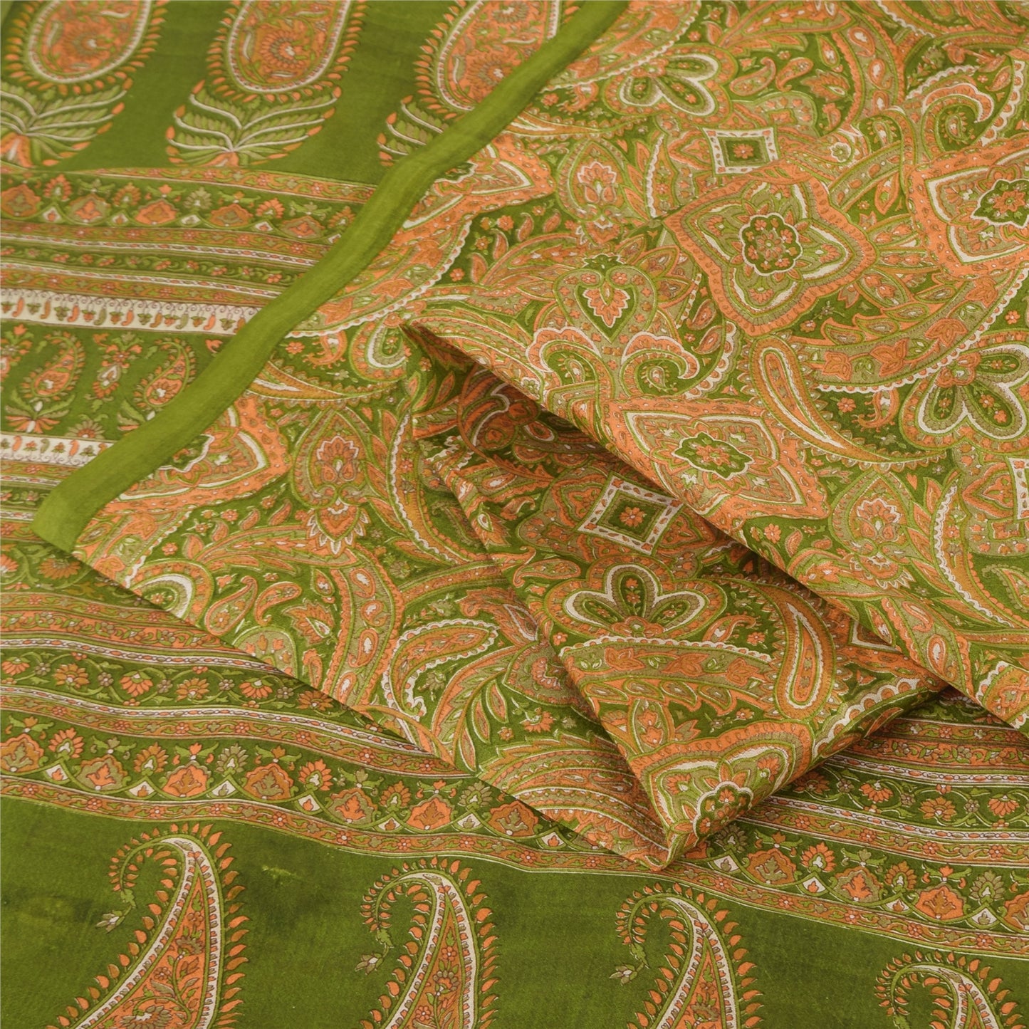 Sanskriti Vintage Sarees Green Indian Pure Silk Printed Sari 6yd Craft Sustainable Fabric