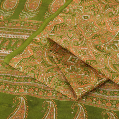 Sanskriti Vintage Sarees Green Indian Pure Silk Printed Sari 6yd Craft Sustainable Fabric