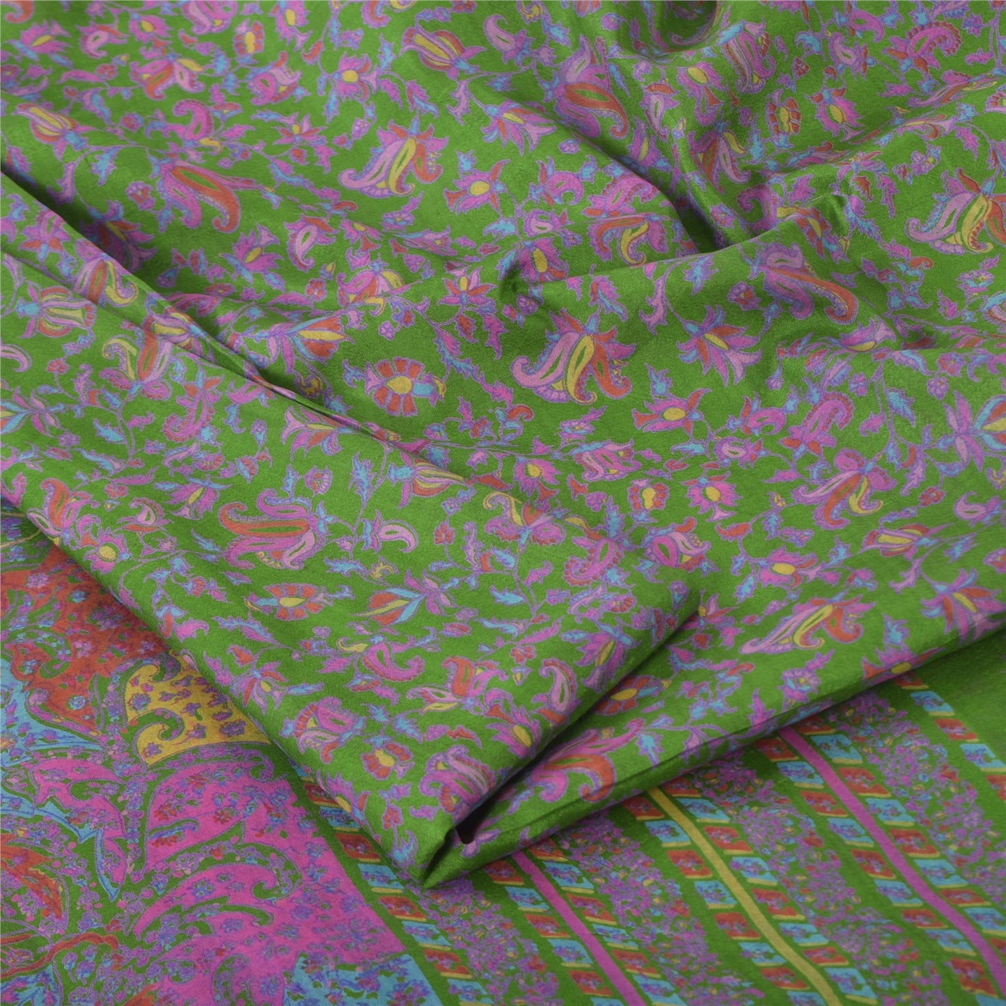 Sanskriti Vintage Sarees Green Indian Pure Silk Printed Sari 5yd Craft Sustainable Fabric