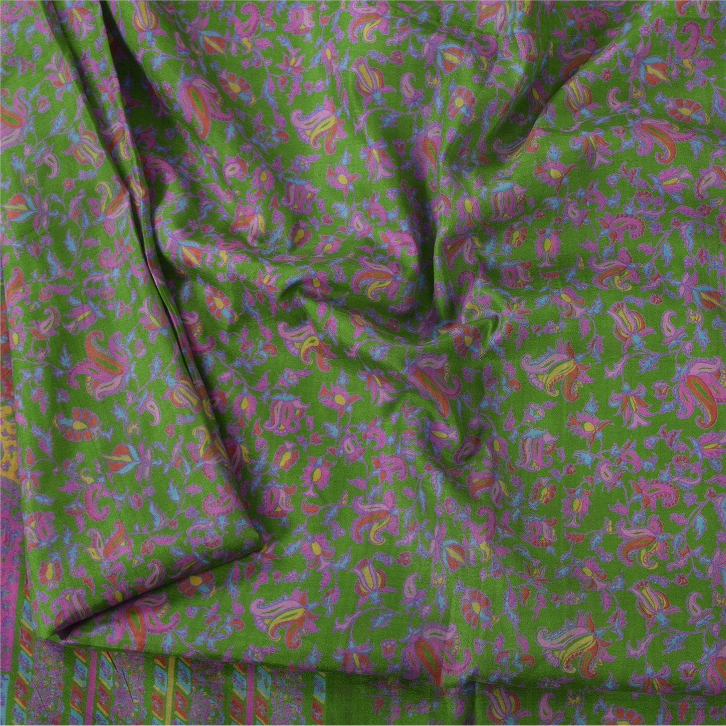 Sanskriti Vintage Sarees Green Indian Pure Silk Printed Sari 5yd Craft Sustainable Fabric