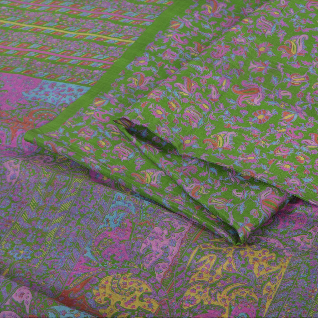 Sanskriti Vintage Sarees Green Indian Pure Silk Printed Sari 5yd Craft Sustainable Fabric