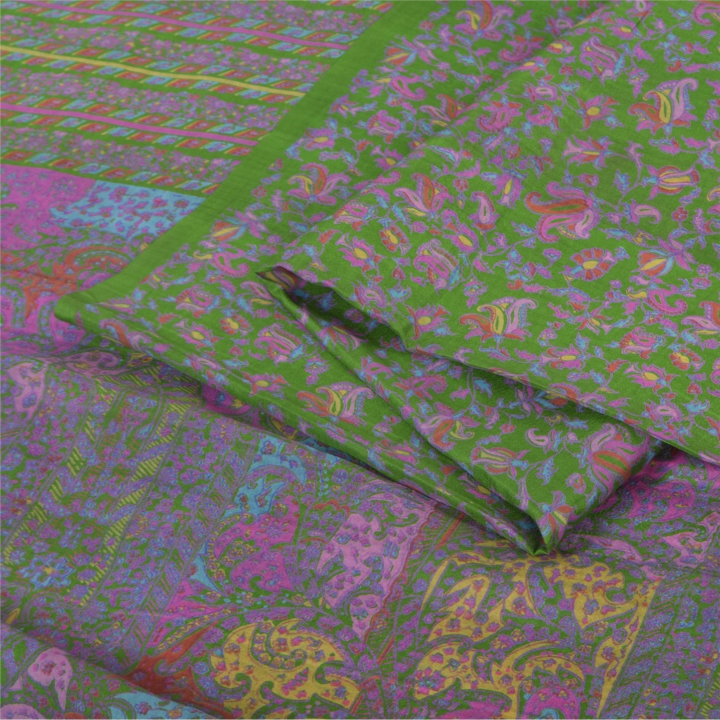 Sanskriti Vintage Sarees Green Indian Pure Silk Printed Sari 5yd Craft Sustainable Fabric